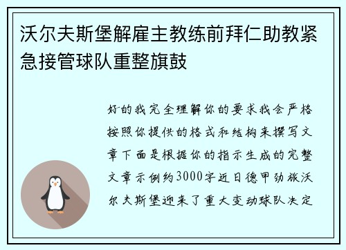 沃尔夫斯堡解雇主教练前拜仁助教紧急接管球队重整旗鼓