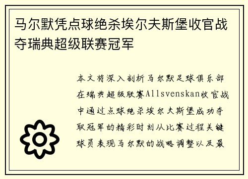 马尔默凭点球绝杀埃尔夫斯堡收官战夺瑞典超级联赛冠军 马尔默凭点球绝杀埃尔夫斯堡收官战夺瑞典超级联赛冠军